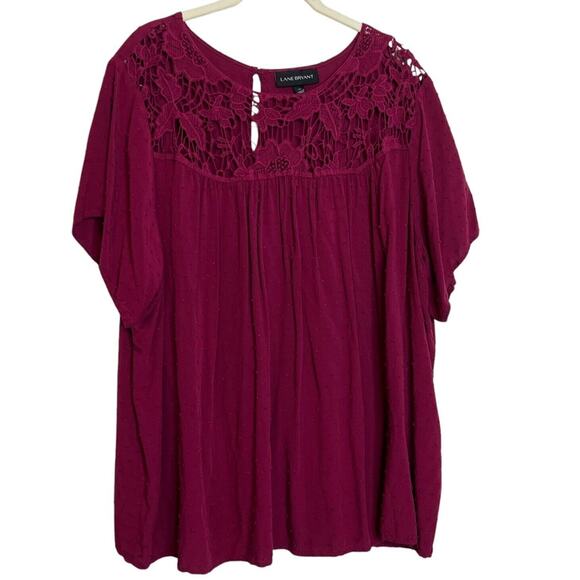 Lane Bryant Womens Swiss Dot Blouse Size 20 Raspberry Crochet Accents Boho - Picture 1 of 6